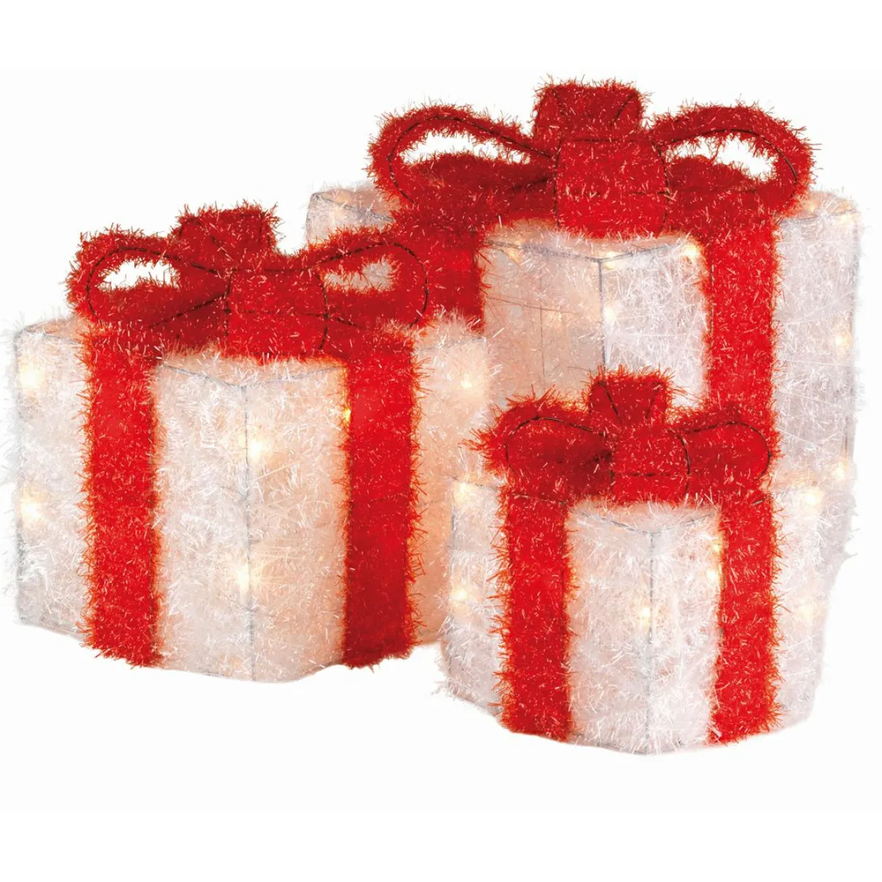 Lot de 3 cadeaux lumineux à piles 65 LED (H30 cm) Ruban Rouge et Blanc chaud