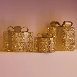 Lot de 3 cadeaux lumineux à piles 30 LED (H30 cm) Féerie Or et Blanc chaud