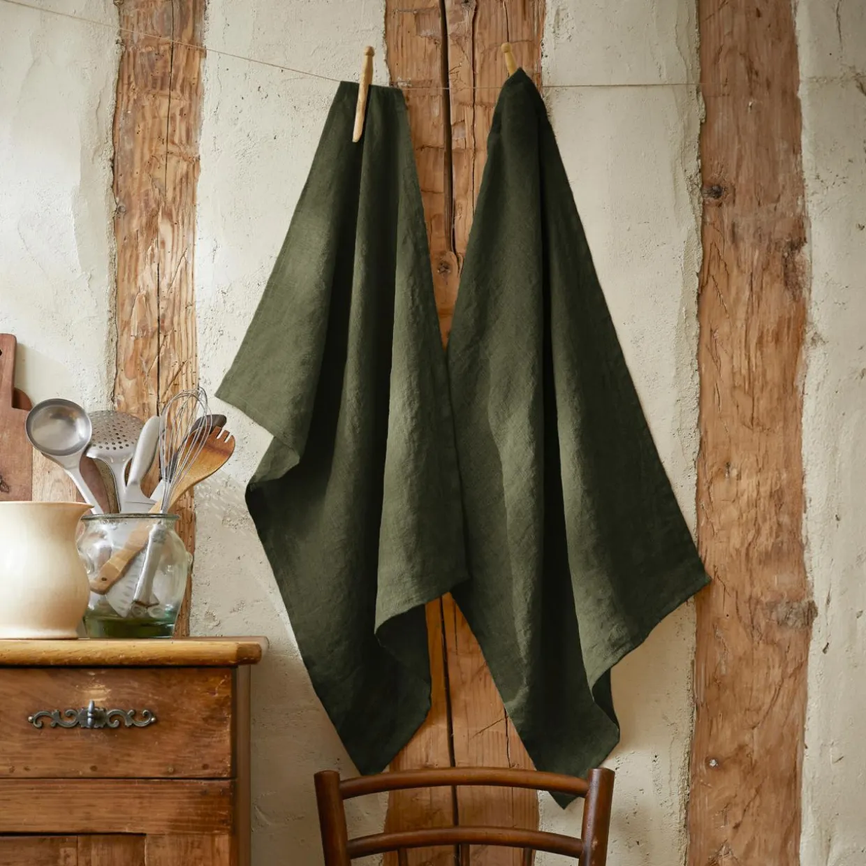 Lot de 2 essuie-mains lin lavé (50 x 70 cm) Louise Vert romarin