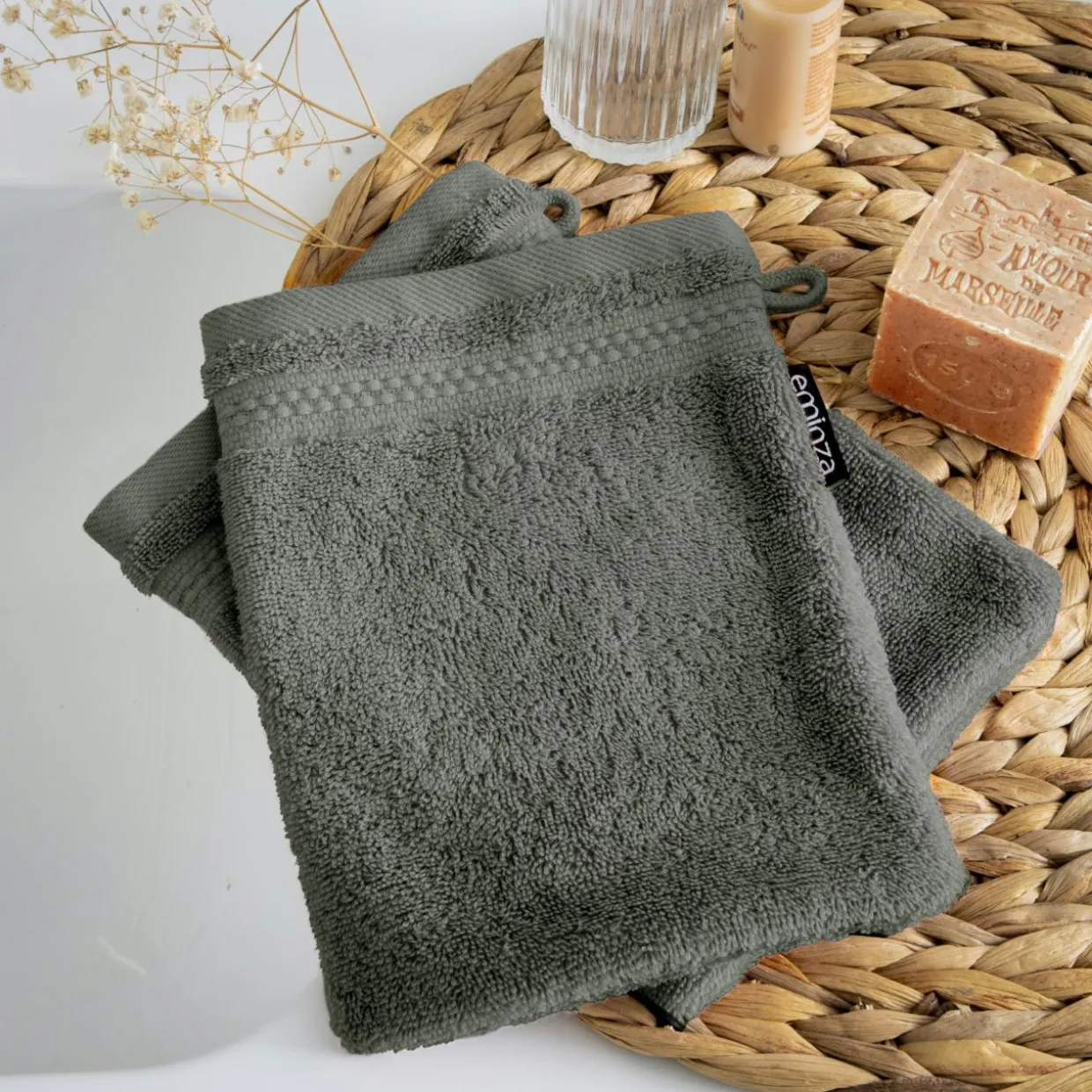 Lot de 2 gants de toilette coton bio (15 x 21 cm) Méline Vert romarin