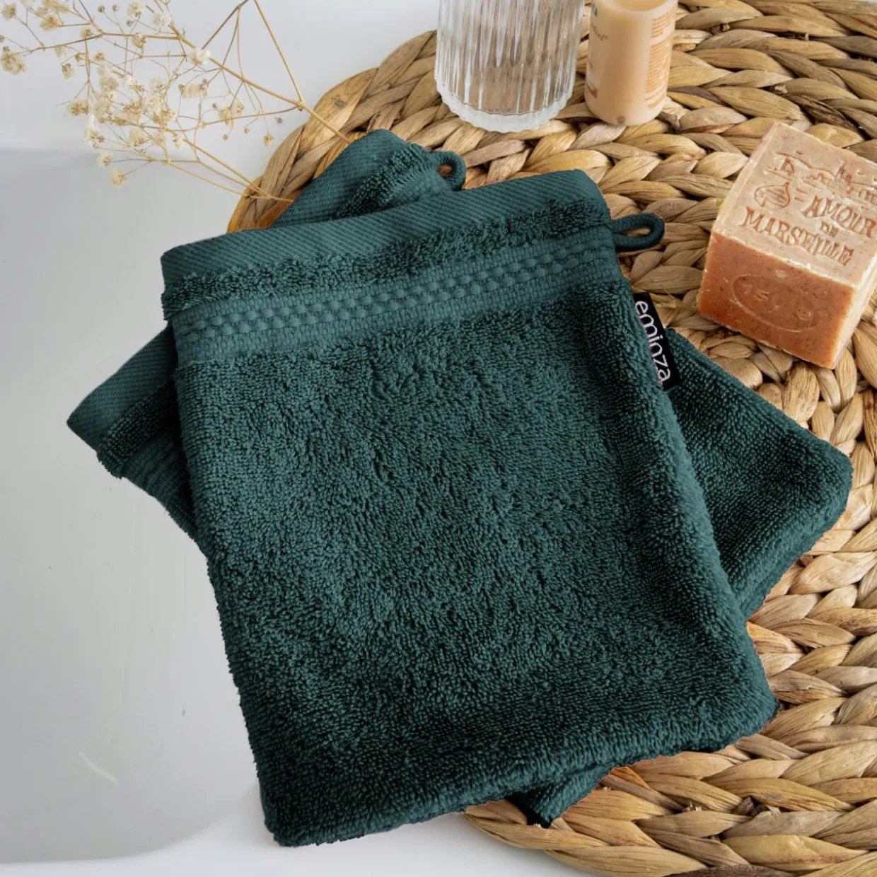 Lot de 2 gants de toilette coton bio (15 x 21 cm) Méline Vert émeraude