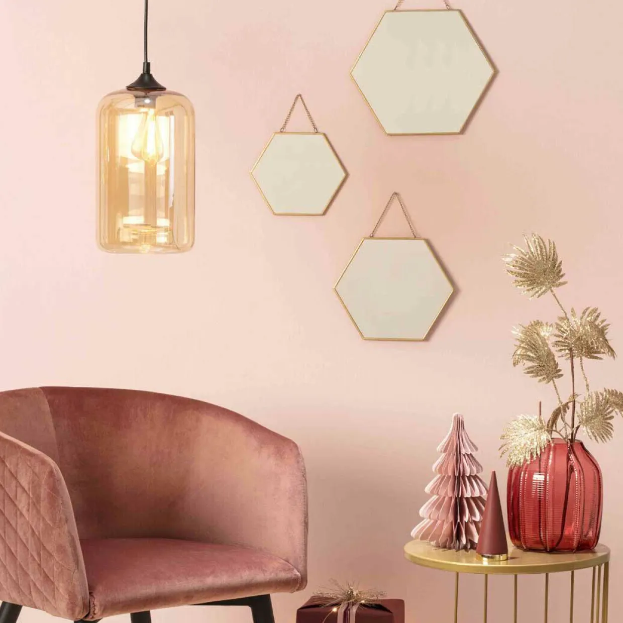 Lot de 3 miroirs en métal (H26 cm) Hexagonal Or