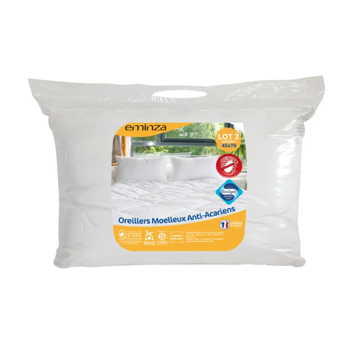Lot de 2 oreillers rectangulaires (45 x 70 cm) Moelleux Anti-acariens Blanc
