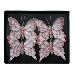 Lot de 4 Papillons sur pince (H8 cm) Éclats et perles Rose poudré