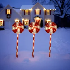 Lot de 3 piquets lumineux à piles 60 LED (H62 cm) Sucettes Candy Rouge