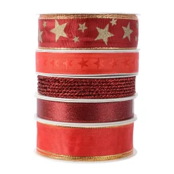 Lot de 5 rubans de Noël 3 m - Satin et étoiles Rouge