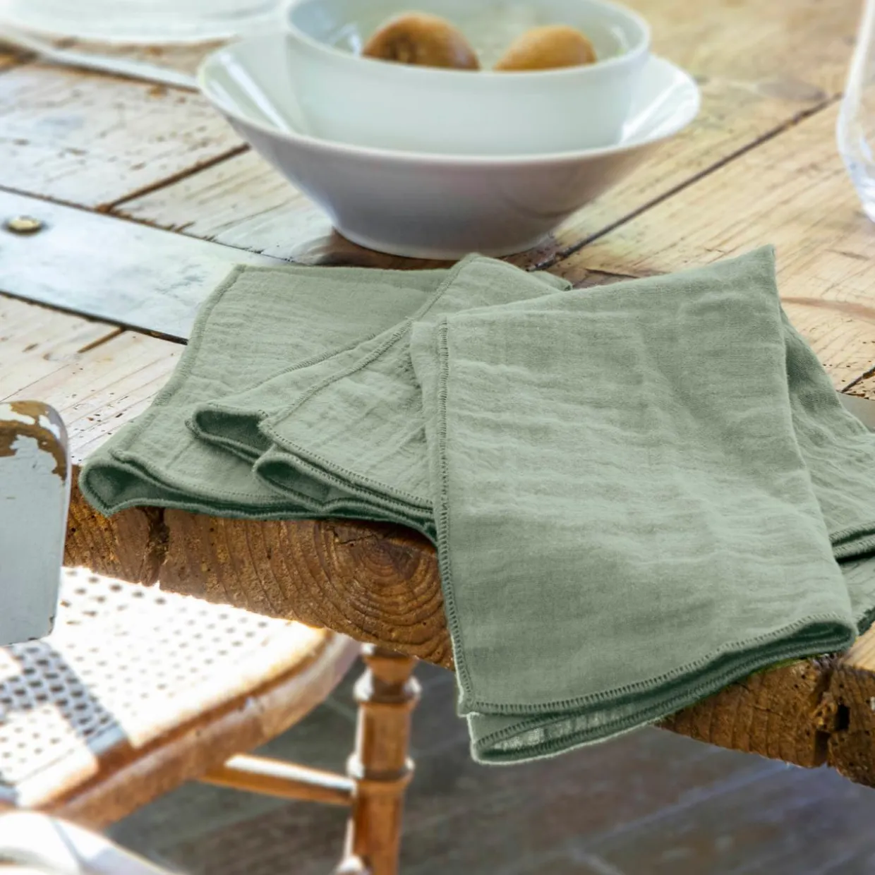 Lot de 3 serviettes gaze de coton (40 x 40 cm) Gaïa Vert eucalyptus