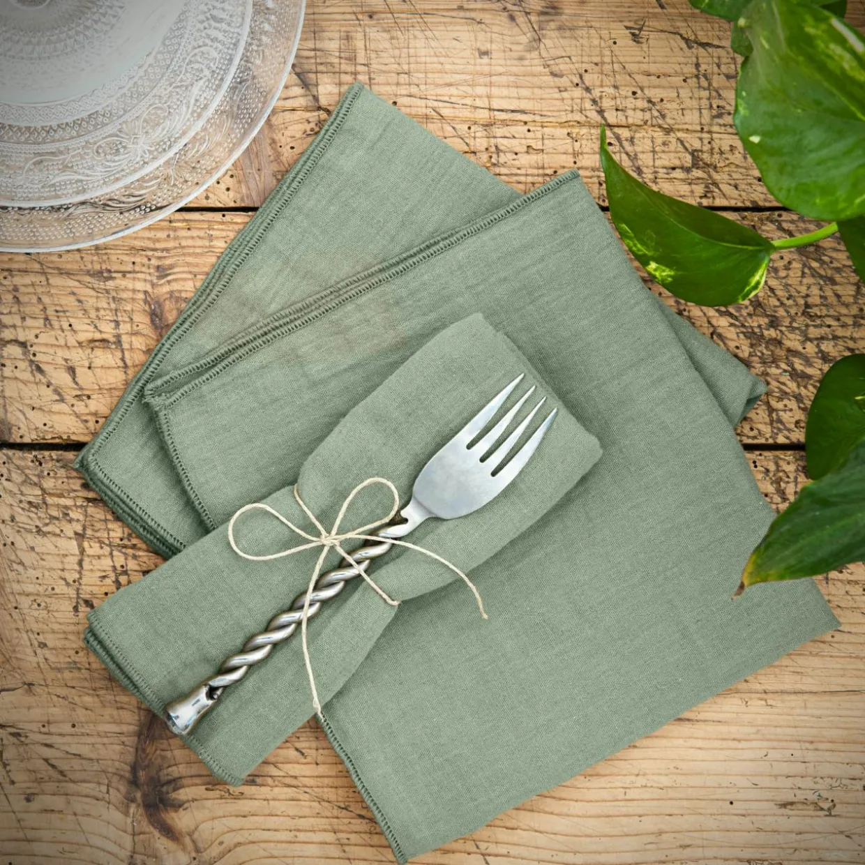 Lot de 3 serviettes gaze de coton (40 x 40 cm) Gaïa Vert eucalyptus