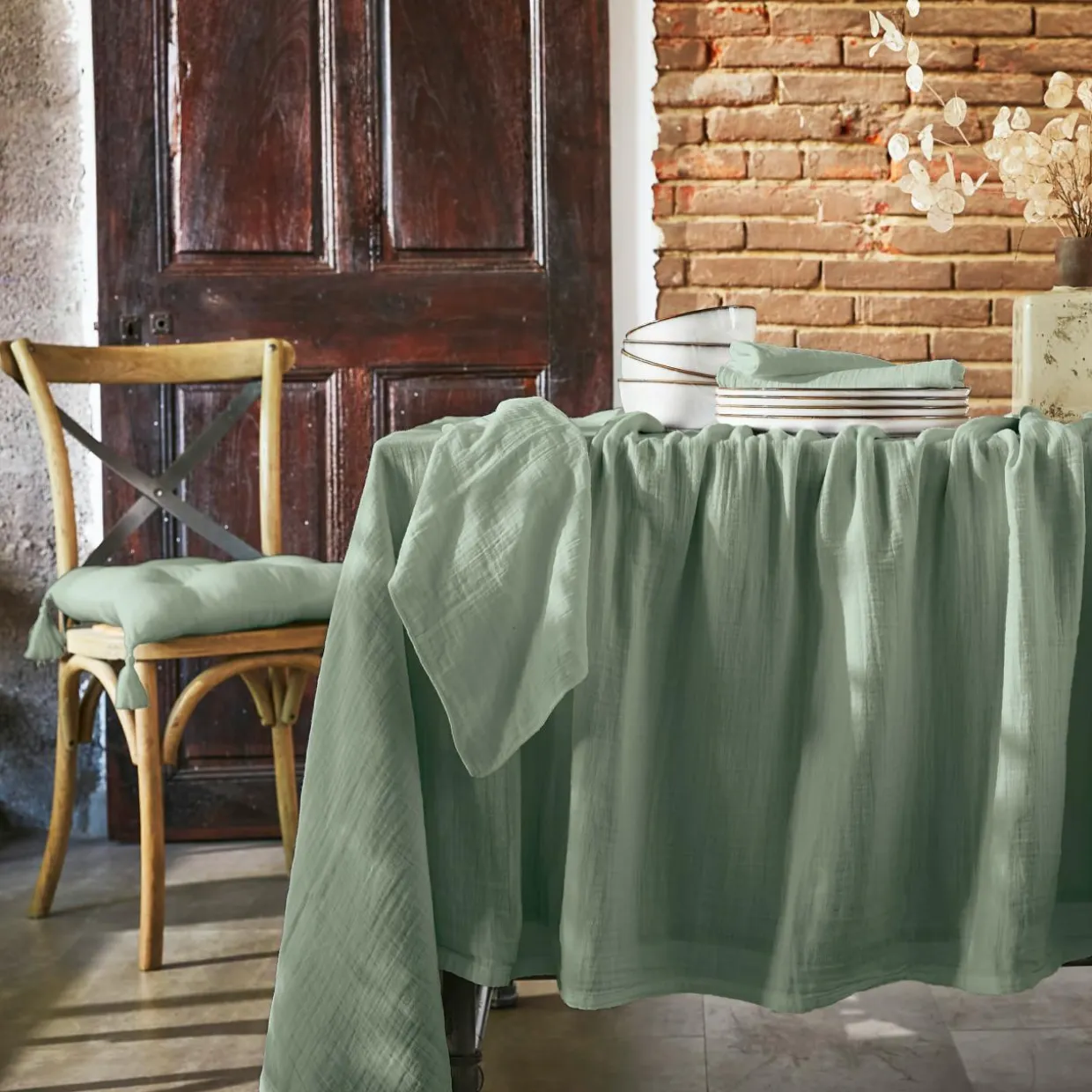 Lot de 3 serviettes gaze de coton (40 x 40 cm) Gaïa Vert eucalyptus