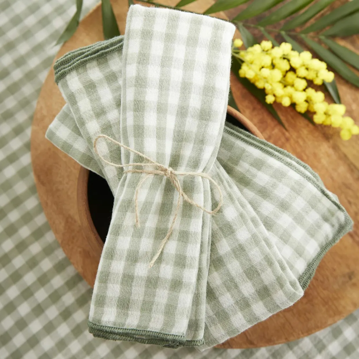Lot de 3 serviettes gaze de coton (40 x 40 cm) Gaïa vichy Vert eucalyptus