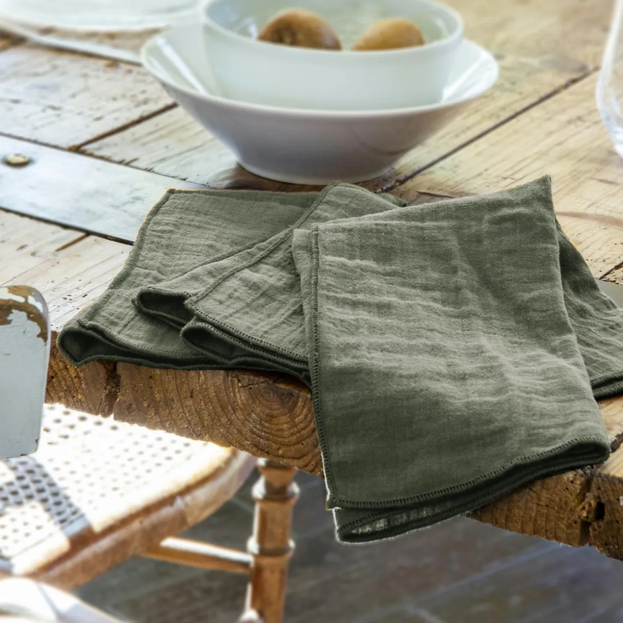 Lot de 3 serviettes gaze de coton (40 x 40 cm) Gaïa Vert romarin