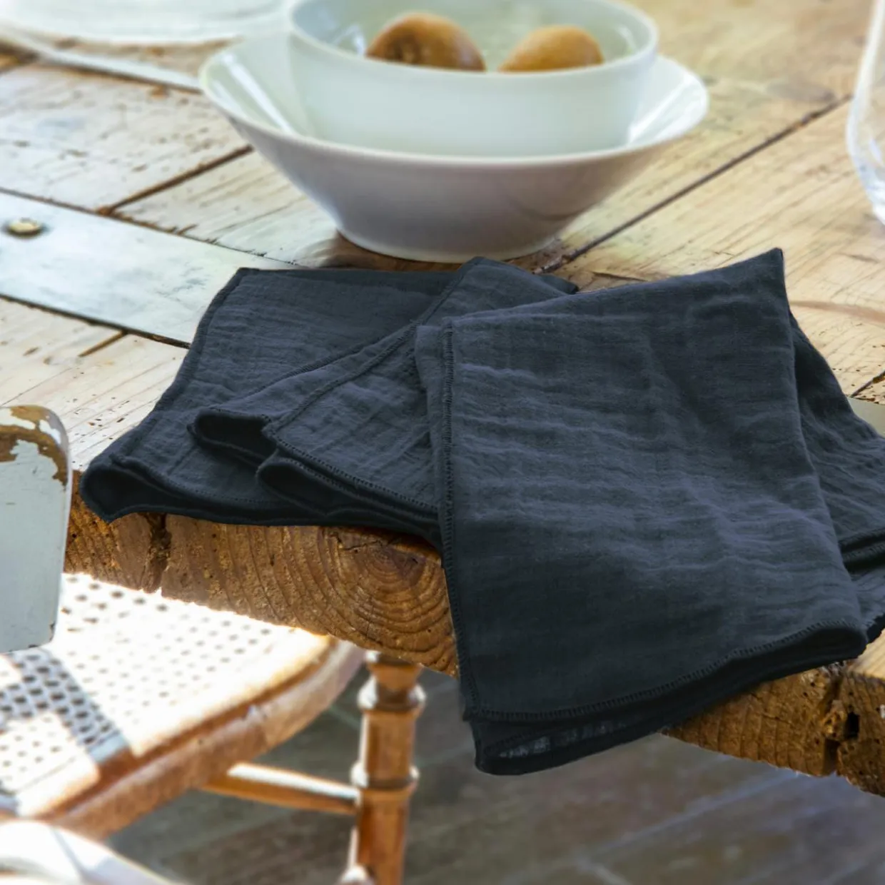 Lot de 3 serviettes gaze de coton (40 x 40 cm) Gaïa Bleu nuit