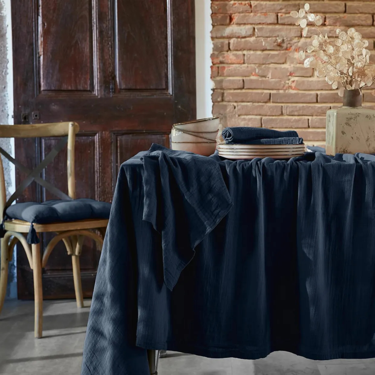 Lot de 3 serviettes gaze de coton (40 x 40 cm) Gaïa Bleu nuit