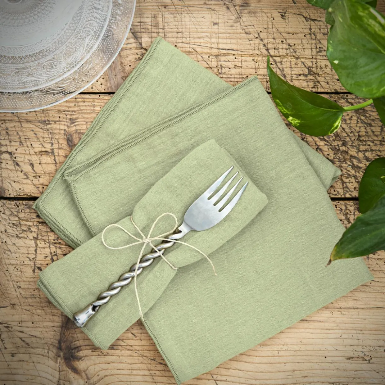 Lot de 3 serviettes gaze de coton (40 x 40 cm) Gaïa Vert tilleul