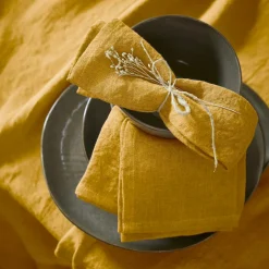 Lot de 3 serviettes lin lavé (40 x 40 cm) Louise Jaune moutarde