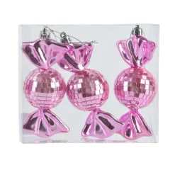 Lot de 3 suspensions de Noël (H12 cm) Bonbons disco Rose