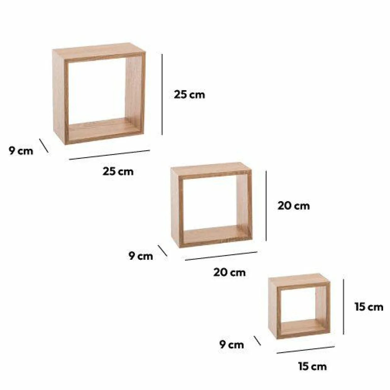 Lot de 3 étagères bois (H15-20-25 cm) Cube Naturel