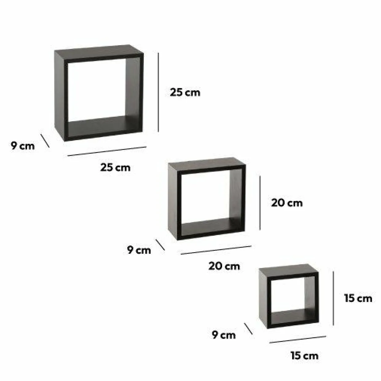 Lot de 3 étagères bois (H15-20-25 cm) Cube Noir
