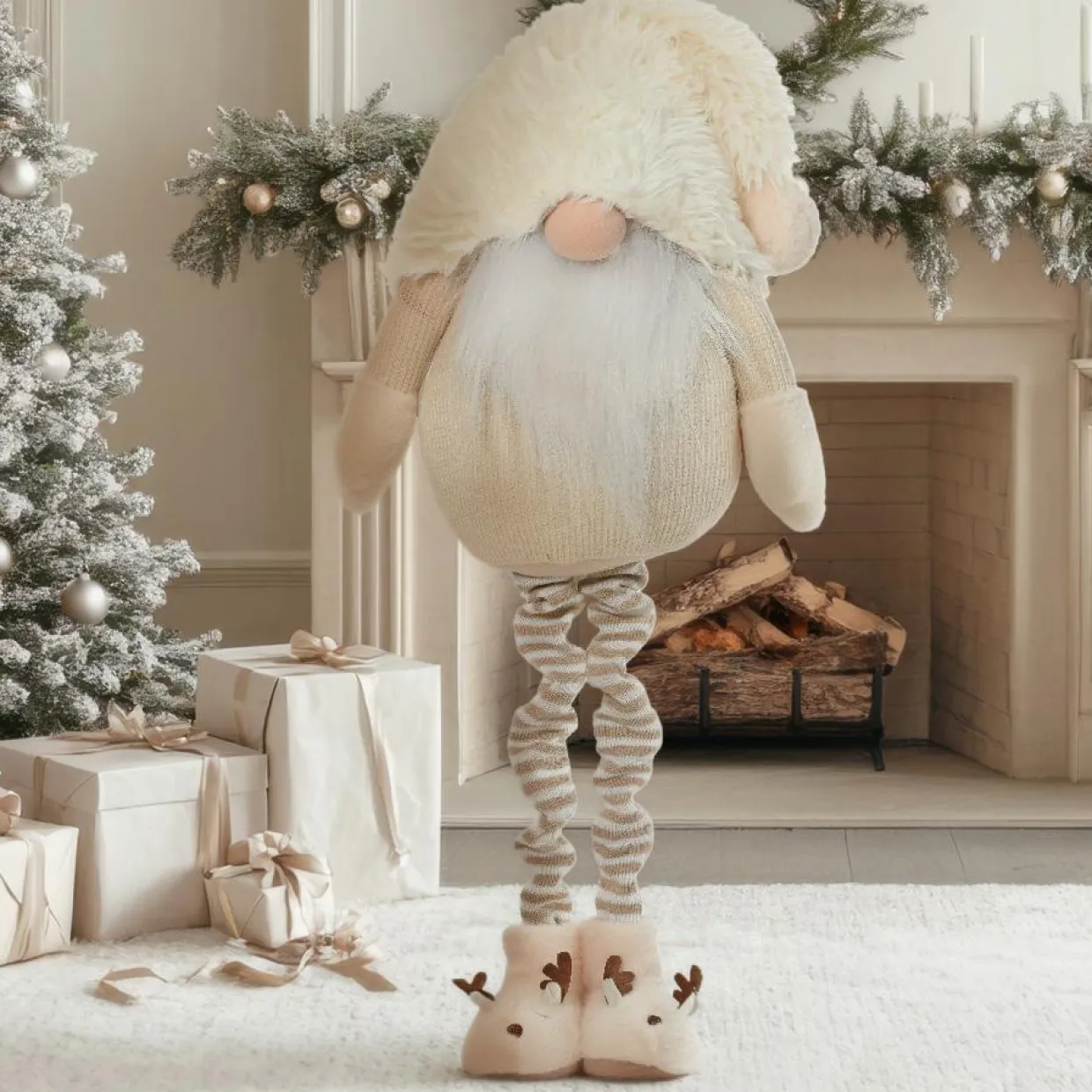 Lutin de Noël Géant (H122 cm) Gaston mignon Blanc crème