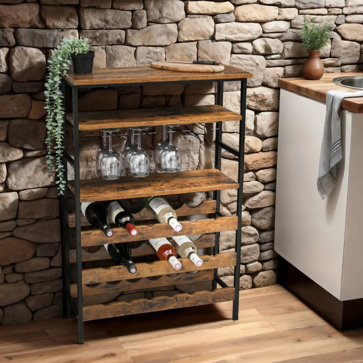 Meuble range-bouteilles industriel 18 emplacements et porte-verres (H100 cm) Hugo Marron