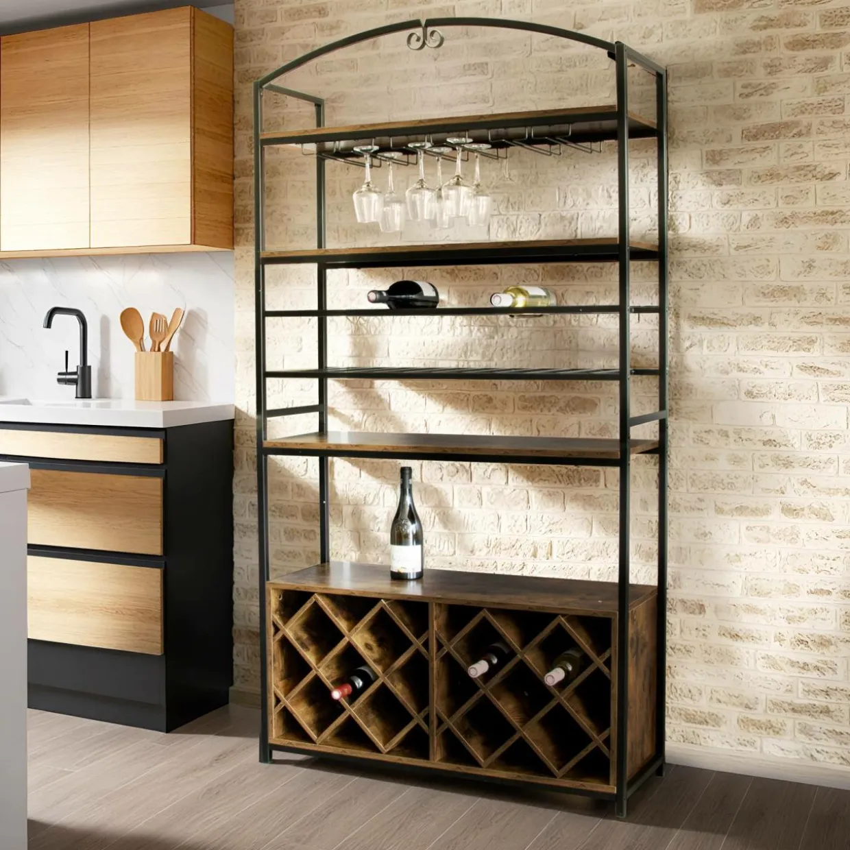 Meuble range-bouteilles industriel 32 emplacements et porte-verres (H180 cm) Marceau Marron