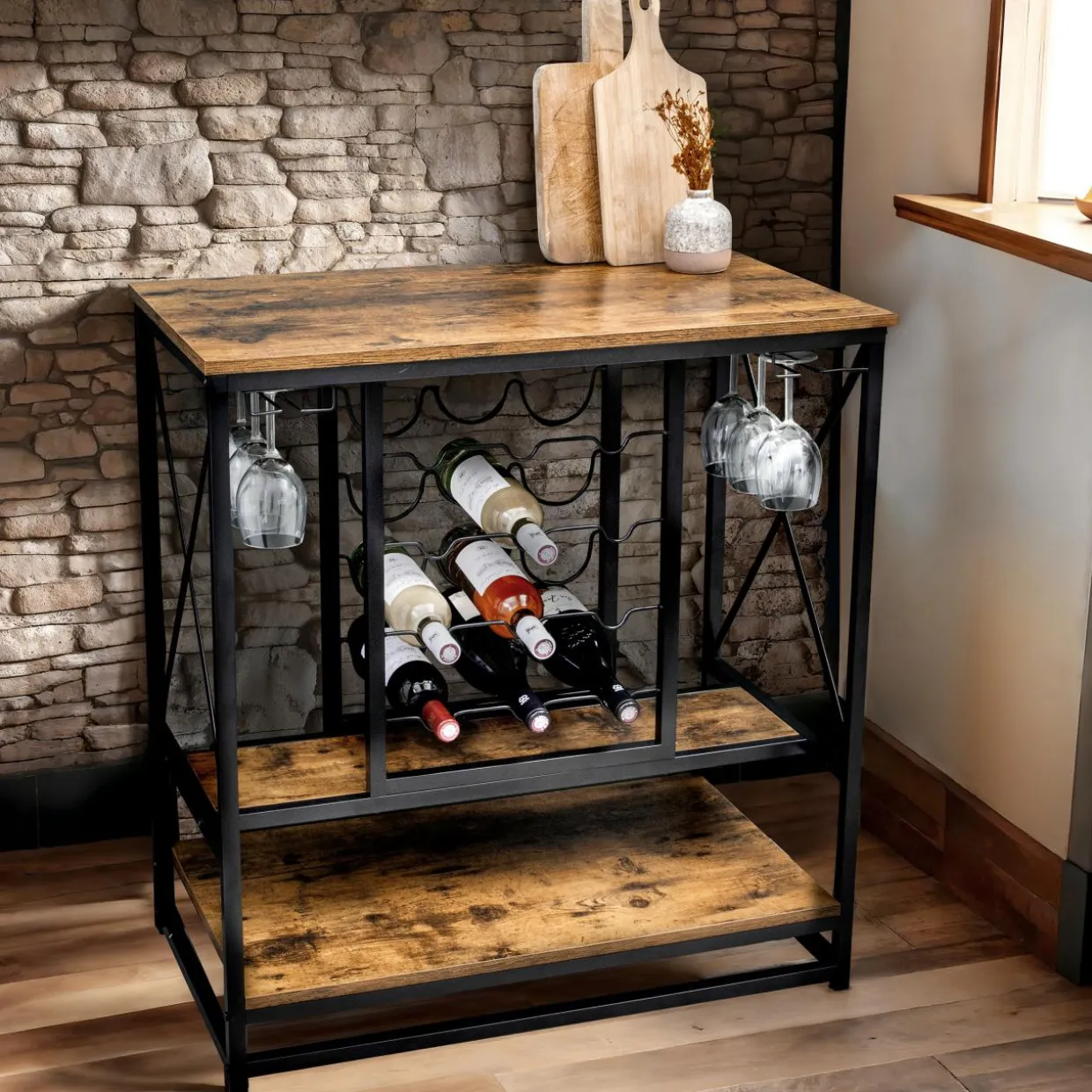 Meuble range-bouteilles industriel 12 emplacements et porte-verres (H86 cm) Louis Marron