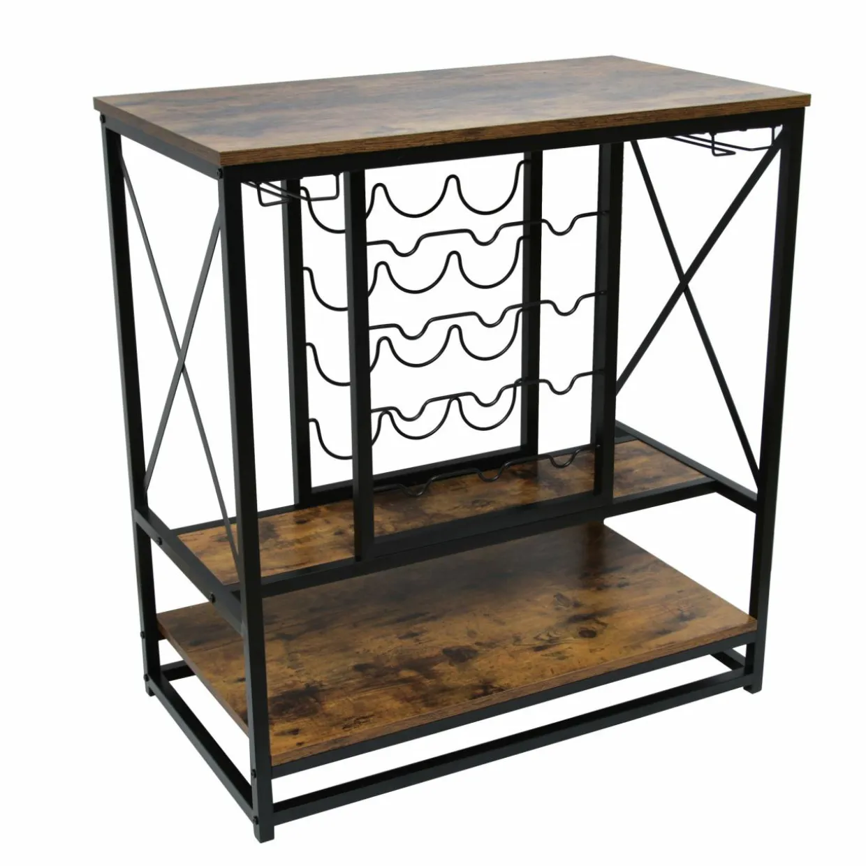 Meuble range-bouteilles industriel 12 emplacements et porte-verres (H86 cm) Louis Marron
