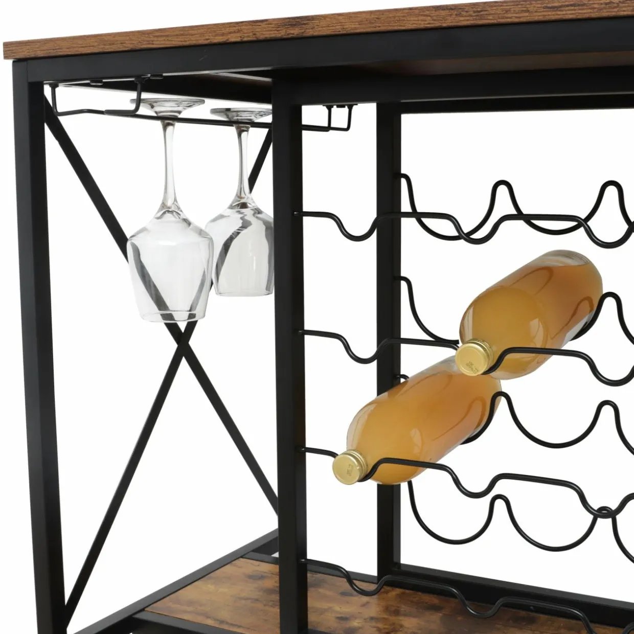 Meuble range-bouteilles industriel 12 emplacements et porte-verres (H86 cm) Louis Marron