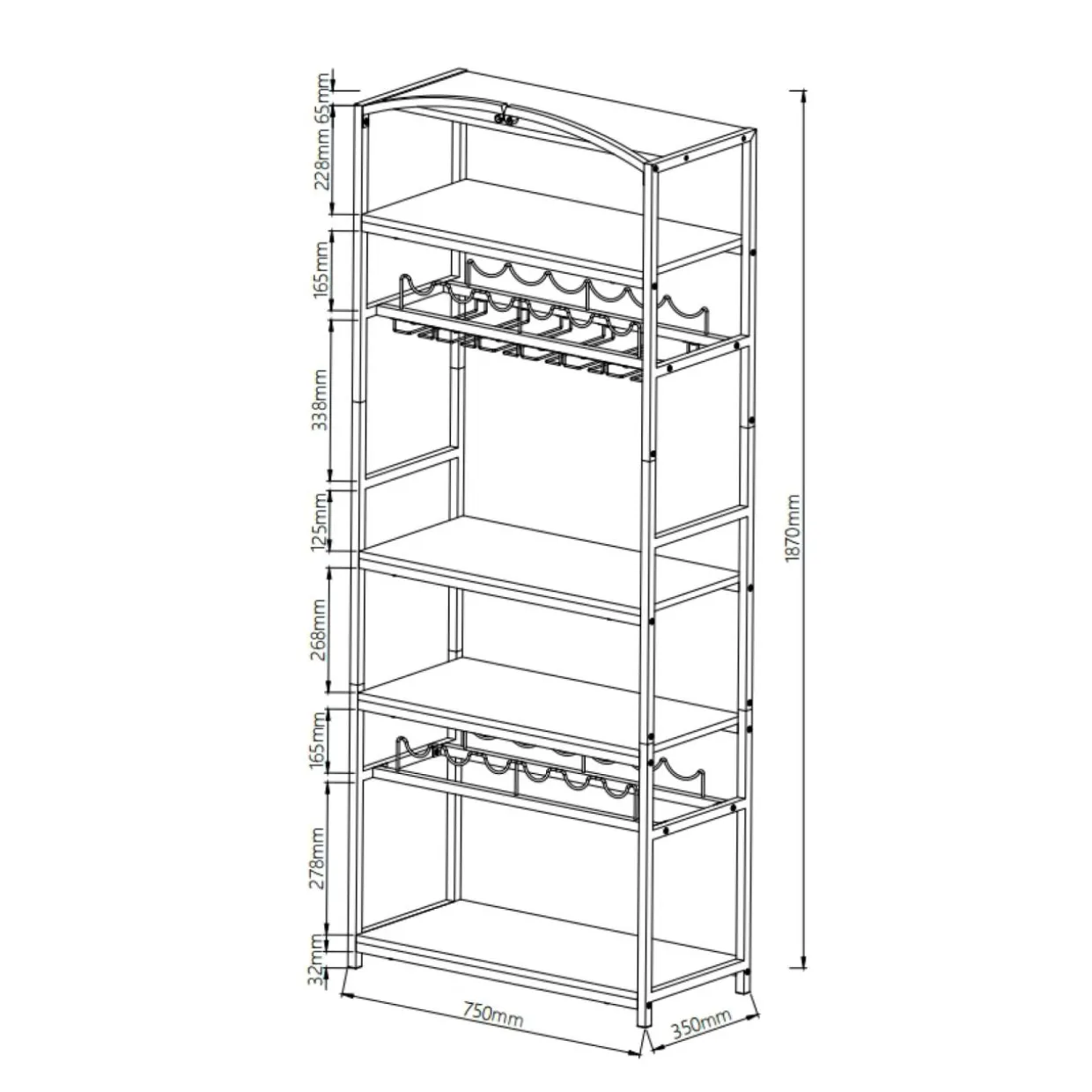 Meuble range-bouteilles industriel 12 emplacements et porte-verres (H180 cm) Pablo Marron
