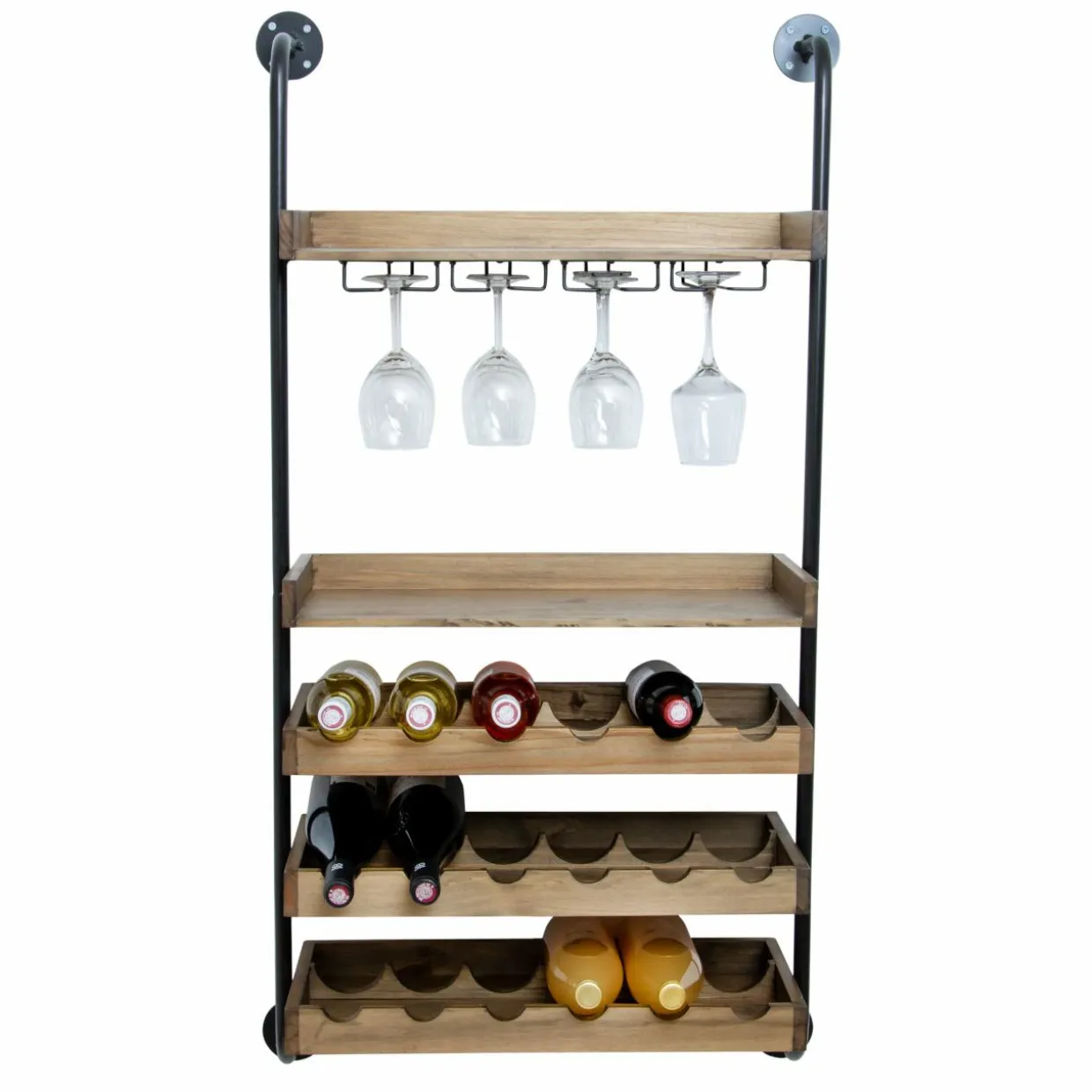 Meuble range-bouteilles mural bois et métal 18 emplacements et porte-verres (H120 cm) Isaac Marron