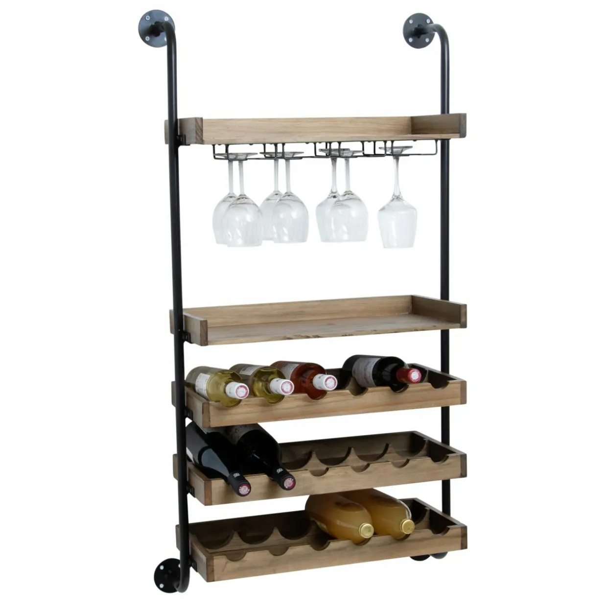 Meuble range-bouteilles mural bois et métal 18 emplacements et porte-verres (H120 cm) Isaac Marron
