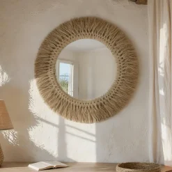 Miroir mural rond en fibres naturelles (D50 cm) Makira Beige