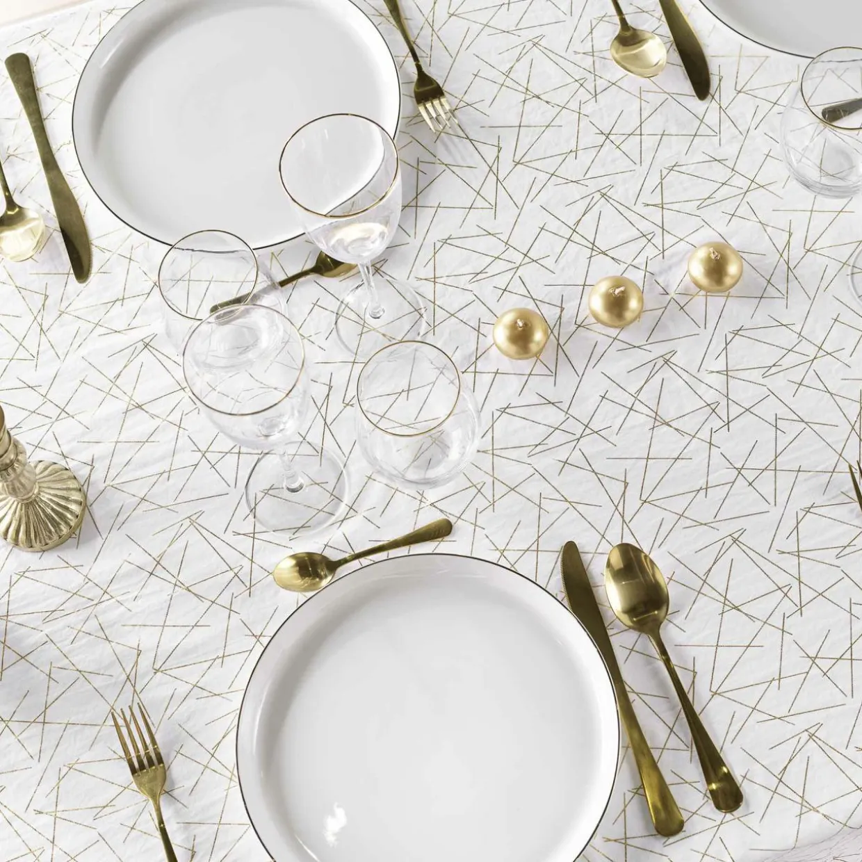 Nappe de Noël rectangulaire anti tache (140 x 240 cm) Mikado Blanc et doré