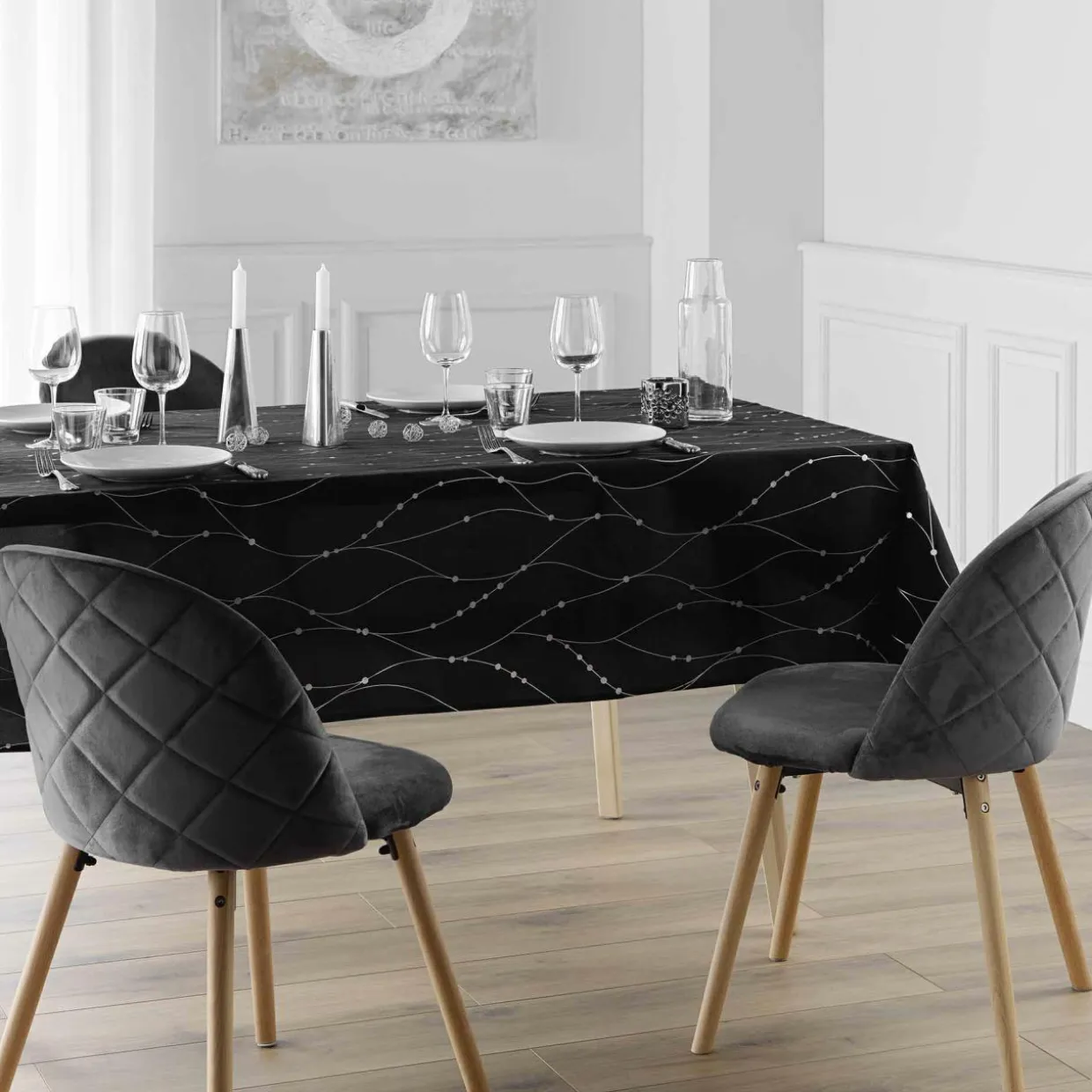 Nappe de Noël rectangulaire (140 x 240 cm) Astrelia Noir et argent