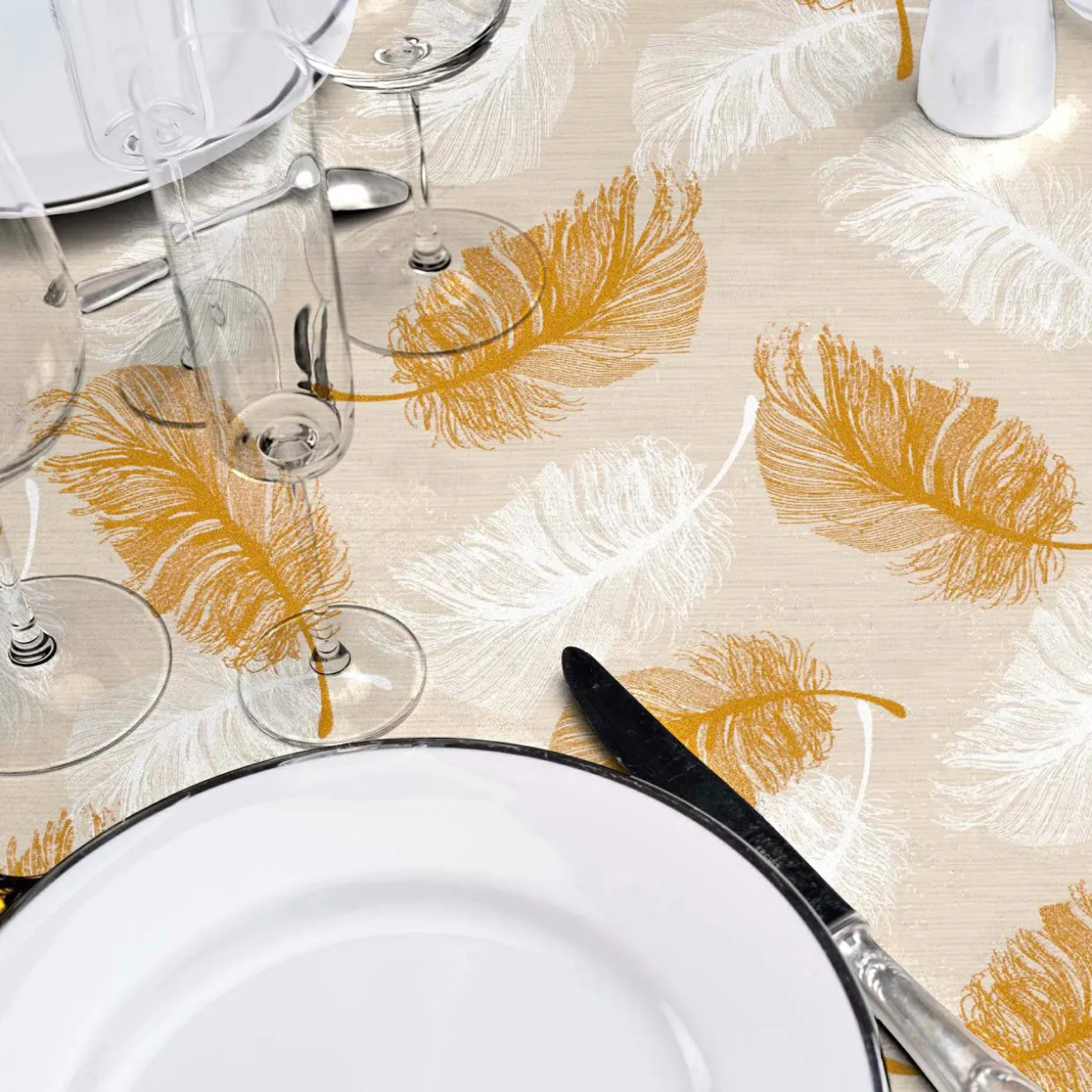 Nappe enduite PVC Ronde (160 cm) Sarina Taupe
