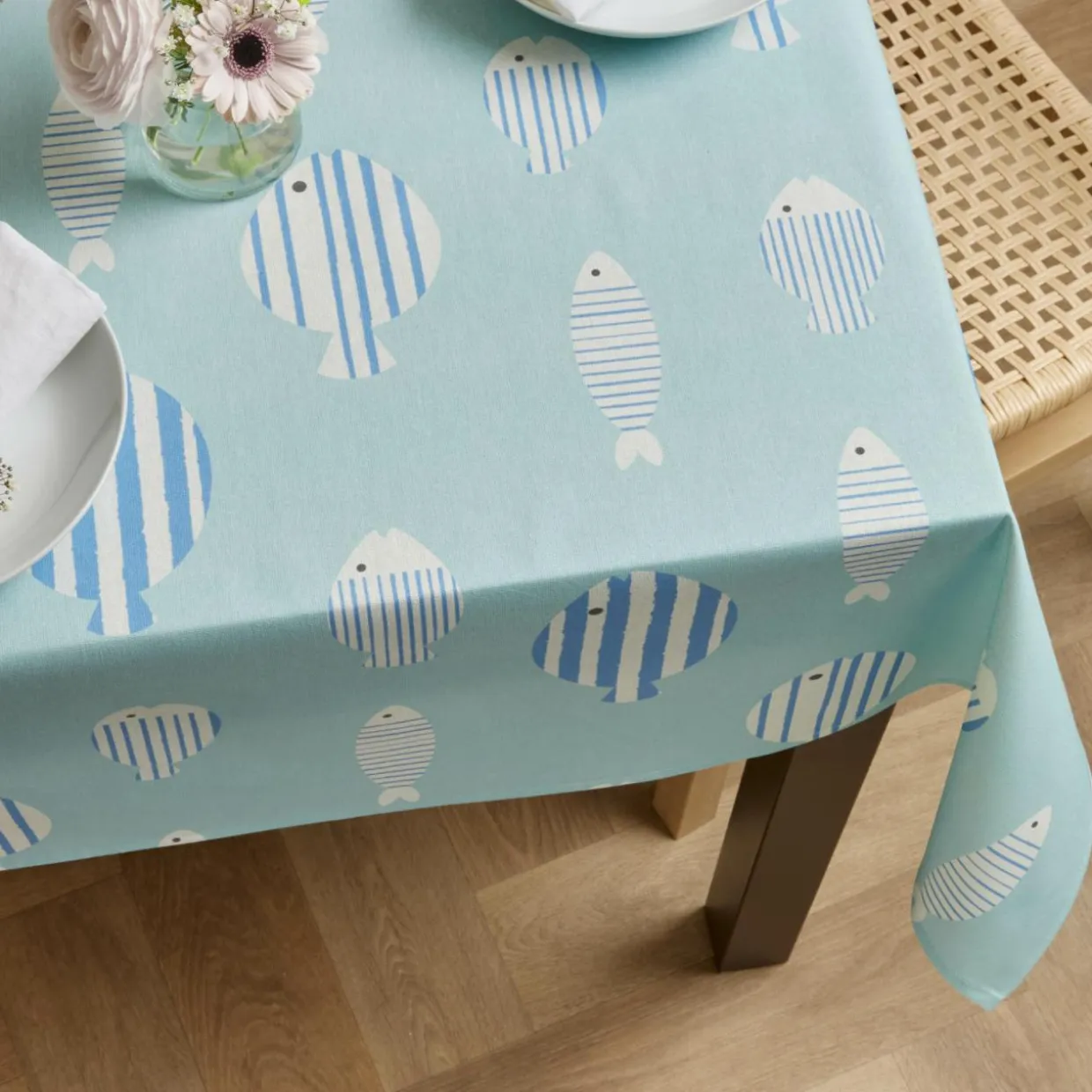 Nappe rectangulaire coton enduit (150 x 350 cm) Fish Bleue
