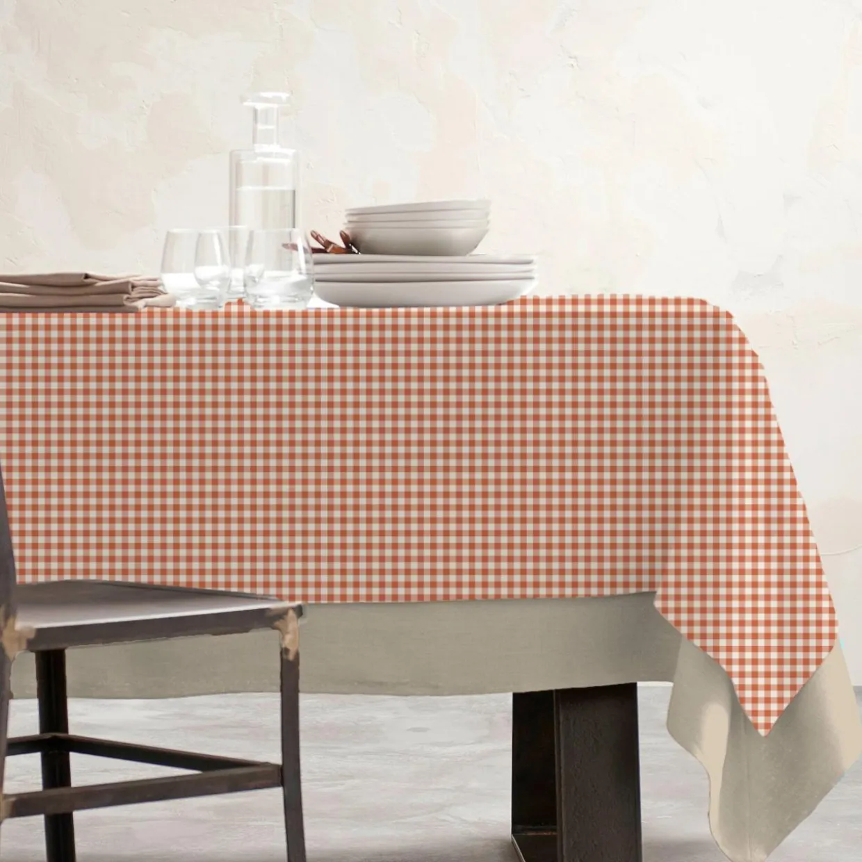 Nappe rectangulaire coton enduit (150 x 250 cm) Vichy Terracotta