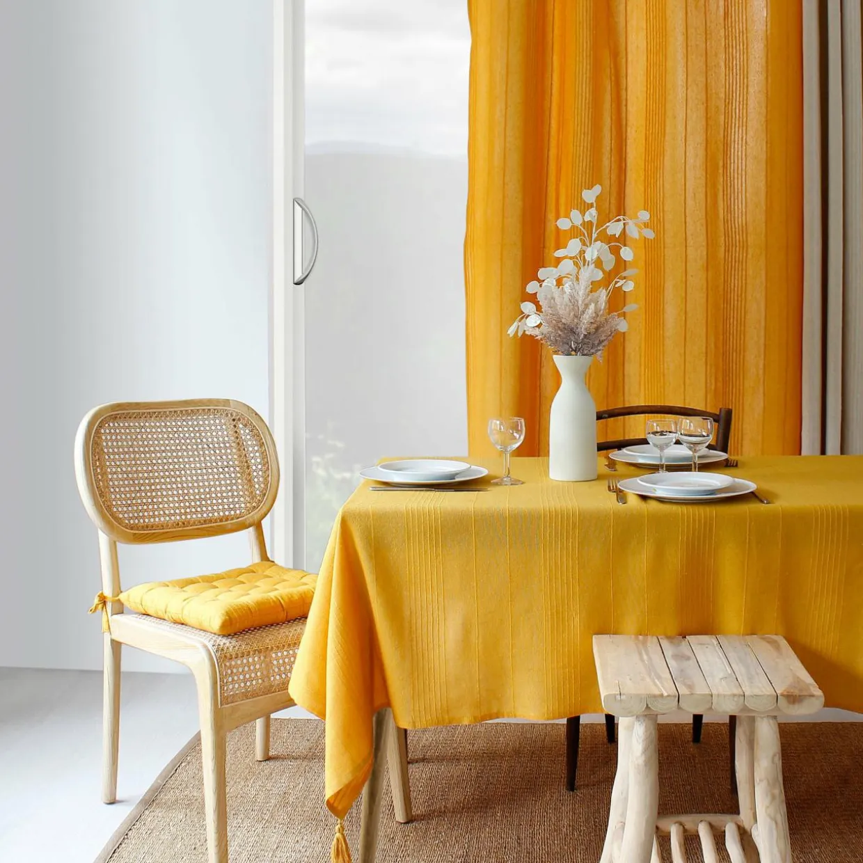 Nappe rectangulaire coton recyclé (140 x 240 cm) Bombay Jaune moutarde