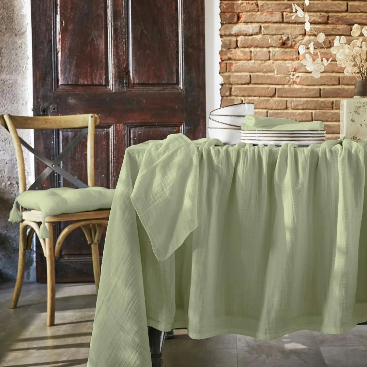 Nappe rectangulaire gaze de coton (150 x 250 cm) Gaïa Vert tilleul