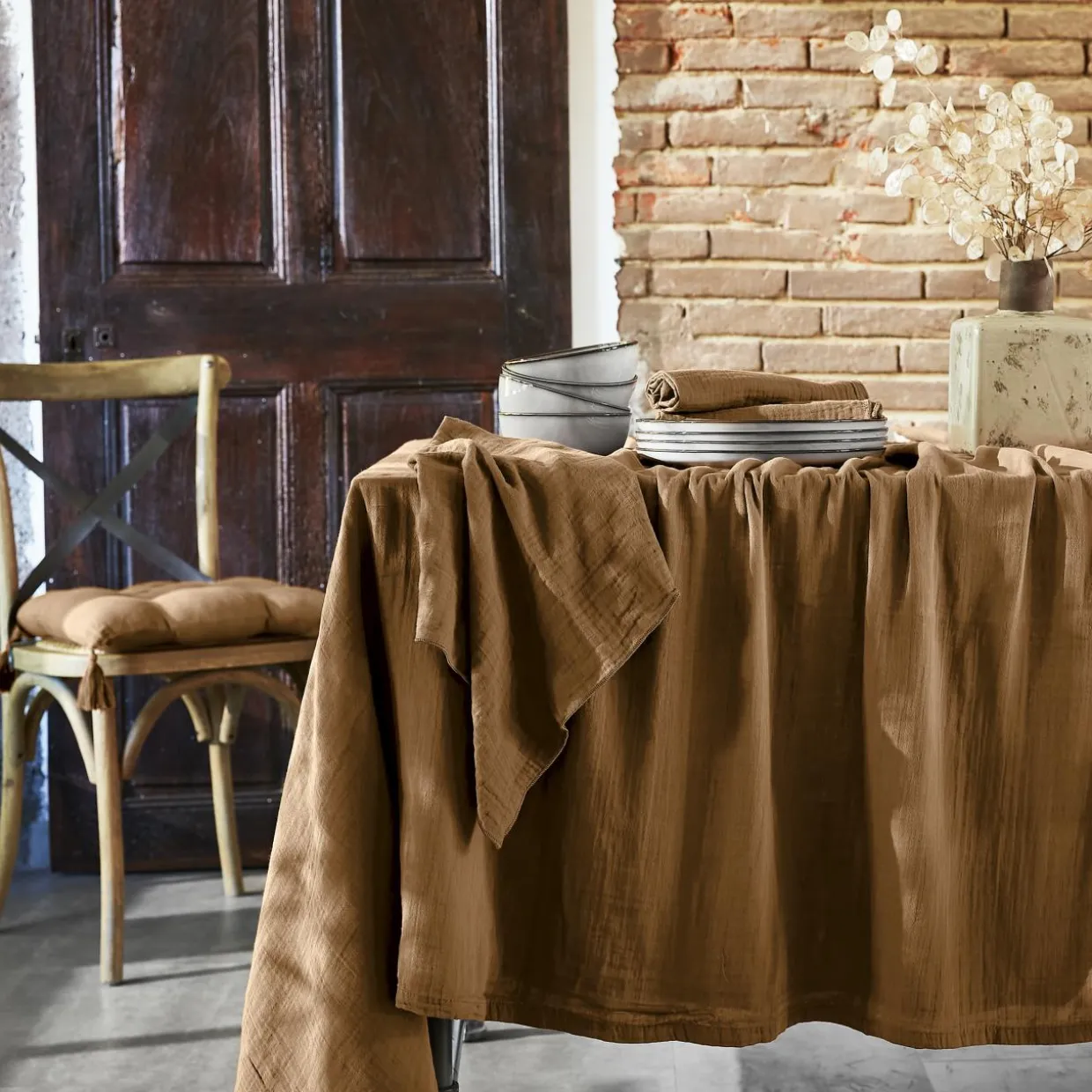 Nappe rectangulaire gaze de coton (150 x 250 cm) Gaïa Camel