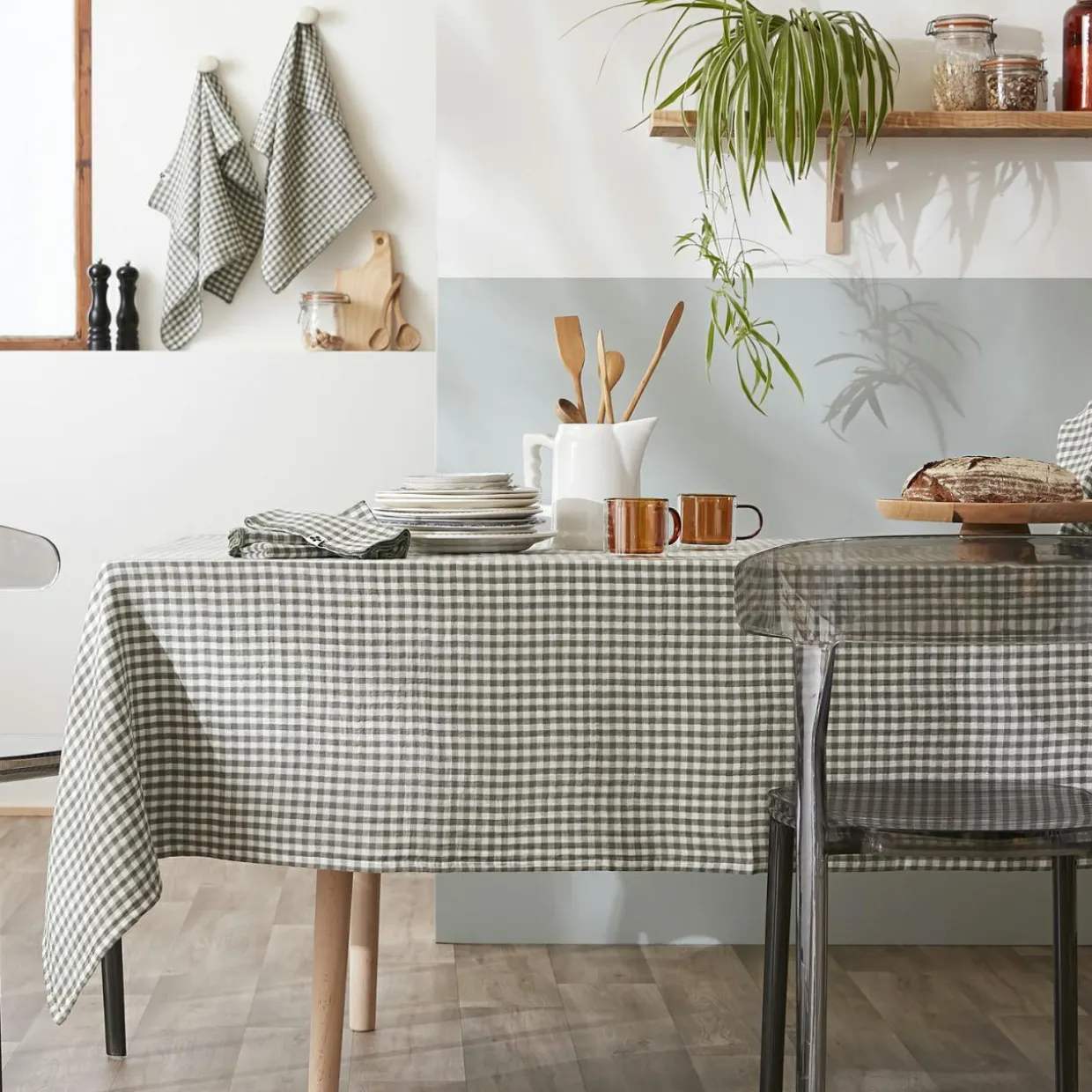 Nappe rectangulaire gaze de coton (150 x 250 cm) Gaïa vichy Vert romarin