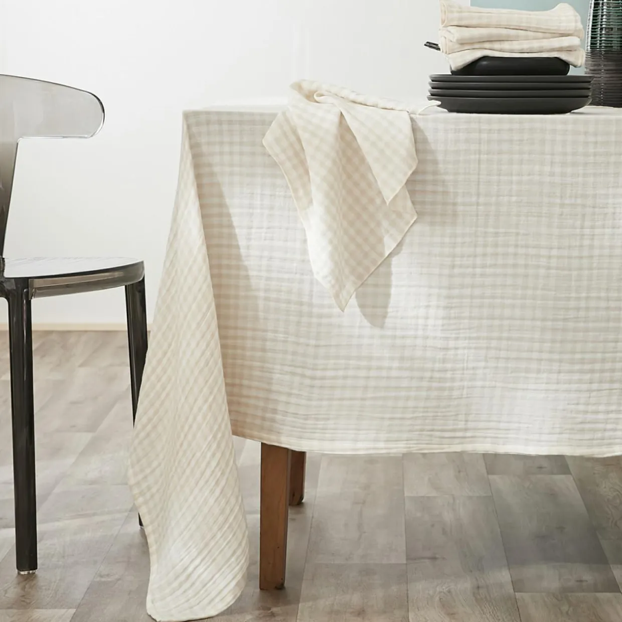 Nappe rectangulaire gaze de coton (150 x 350 cm) Gaïa vichy Beige