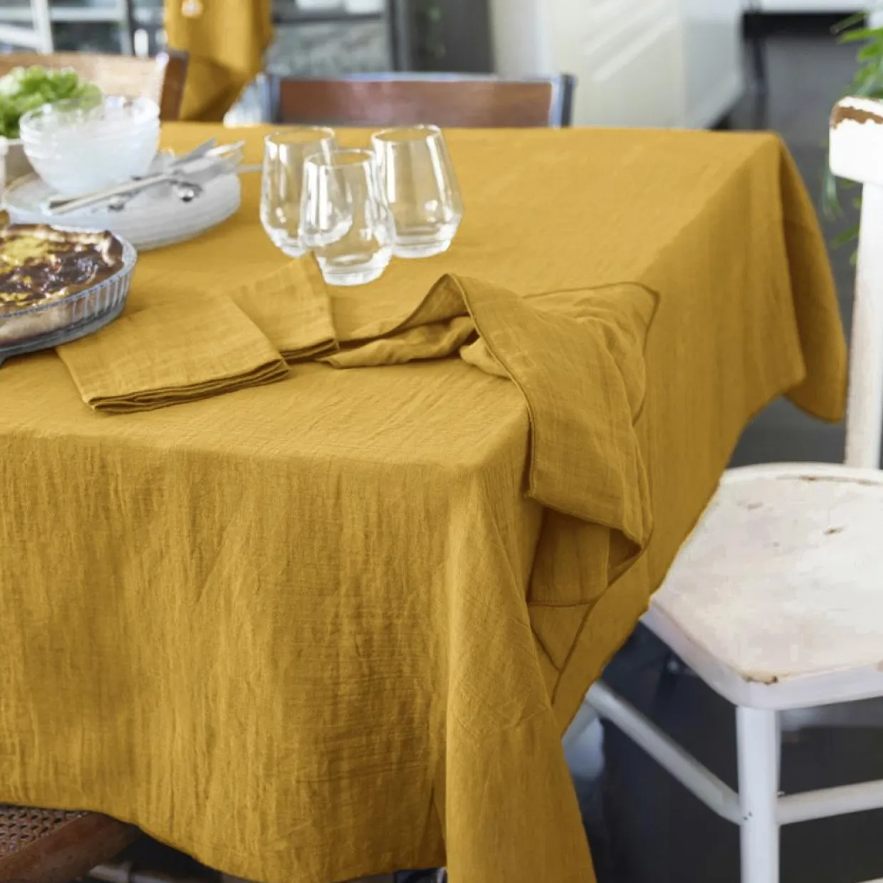 Nappe rectangulaire gaze de coton (150 x 350 cm) Gaïa Jaune safran