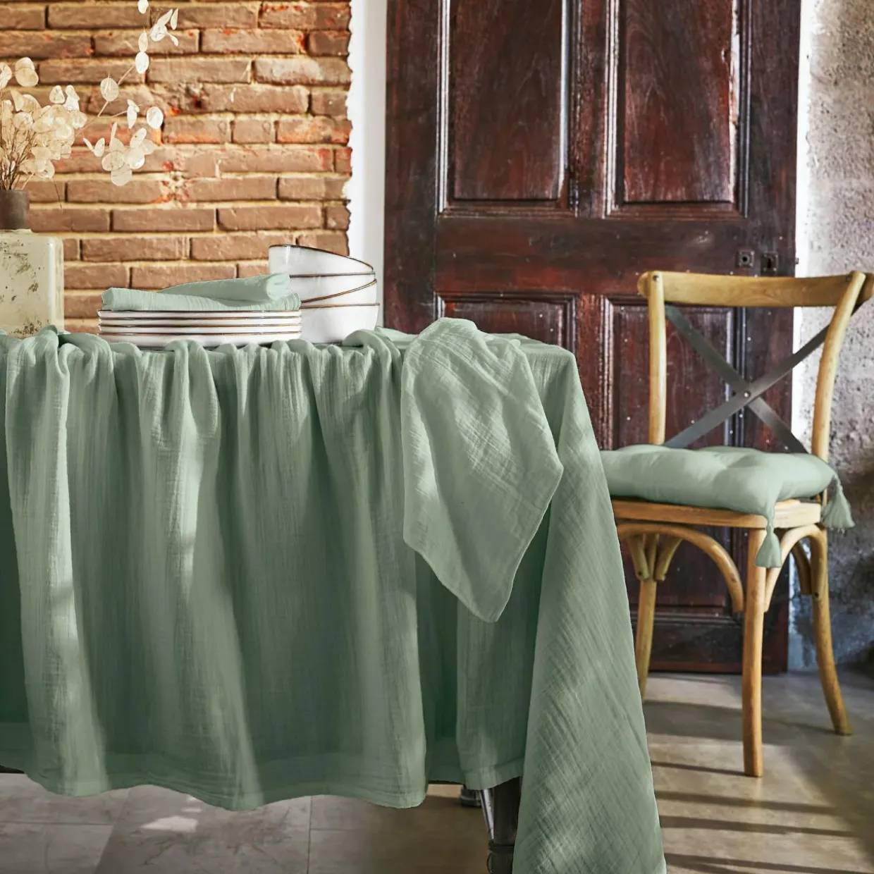 Nappe rectangulaire gaze de coton (150 x 350 cm) Gaïa Vert eucalyptus