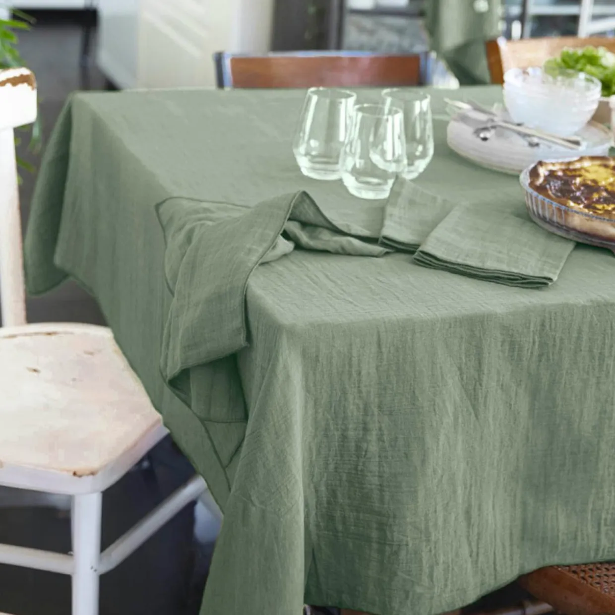 Nappe rectangulaire gaze de coton (150 x 250 cm) Gaïa Vert eucalyptus