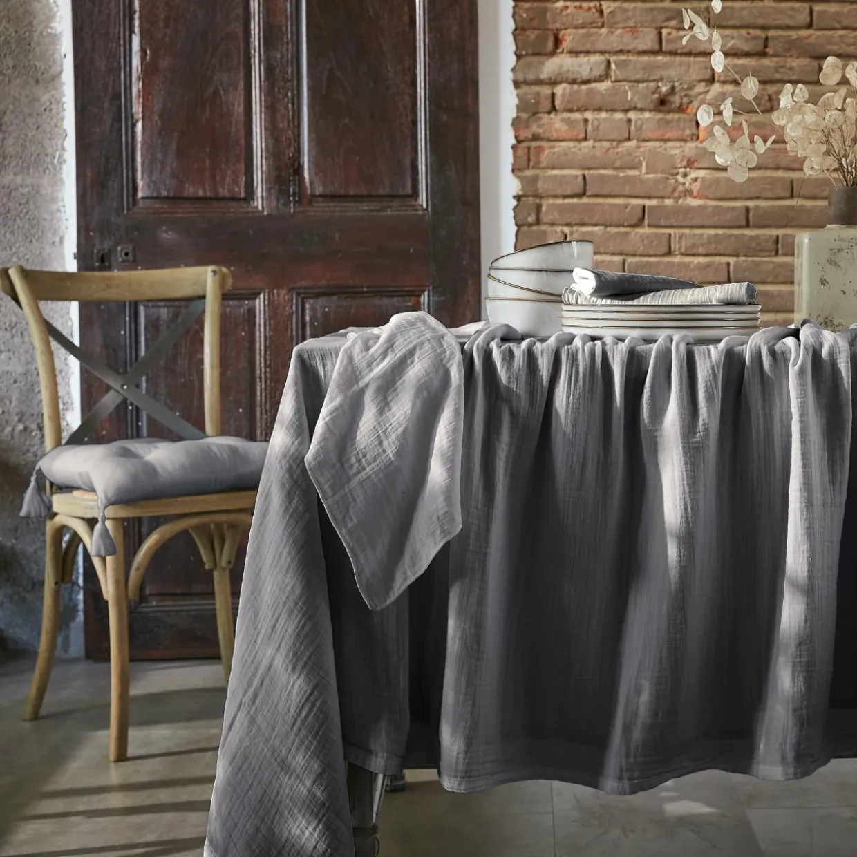Nappe rectangulaire gaze de coton (150 x 350 cm) Gaïa Gris granit
