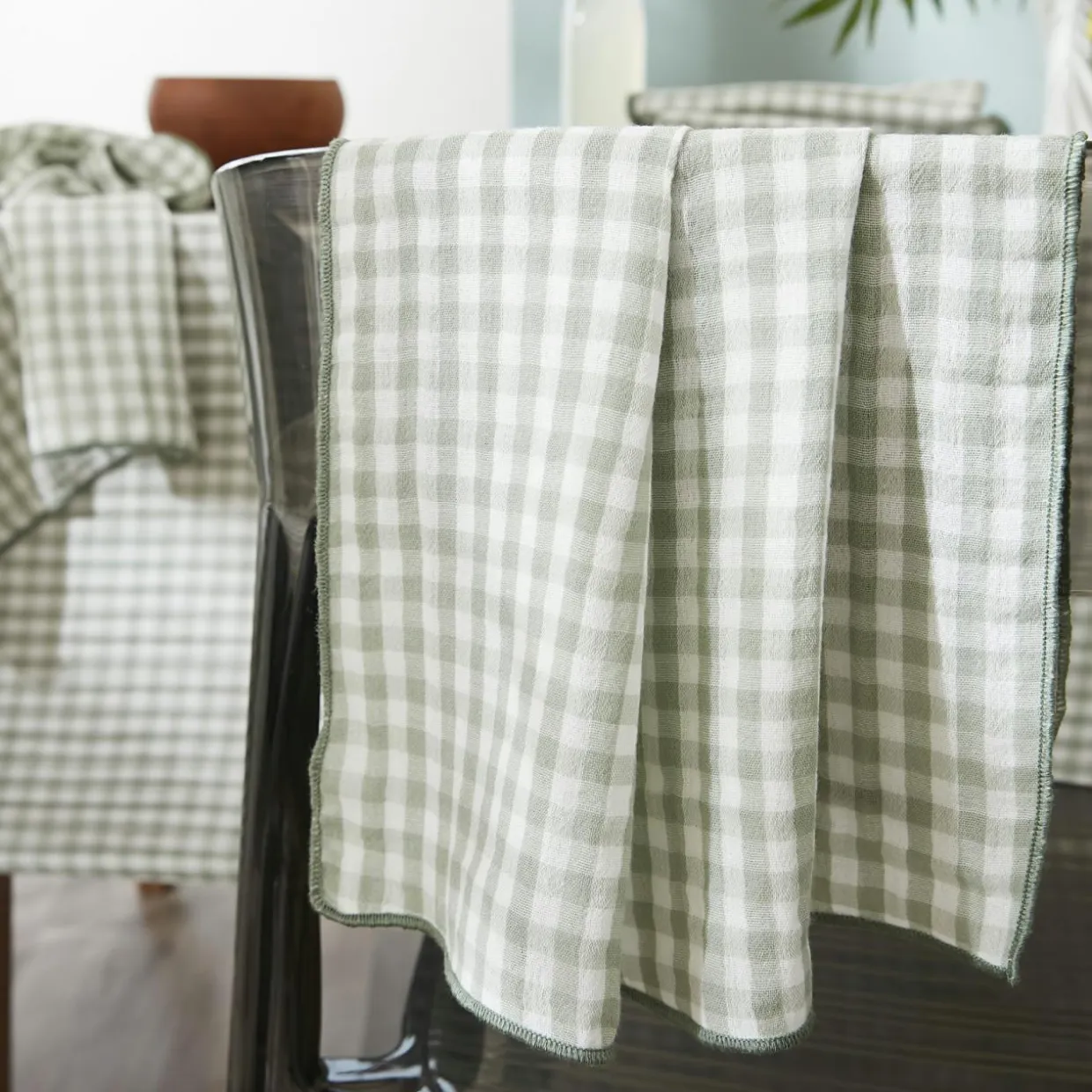 Nappe rectangulaire gaze de coton (150 x 250 cm) Gaïa vichy Vert eucalyptus