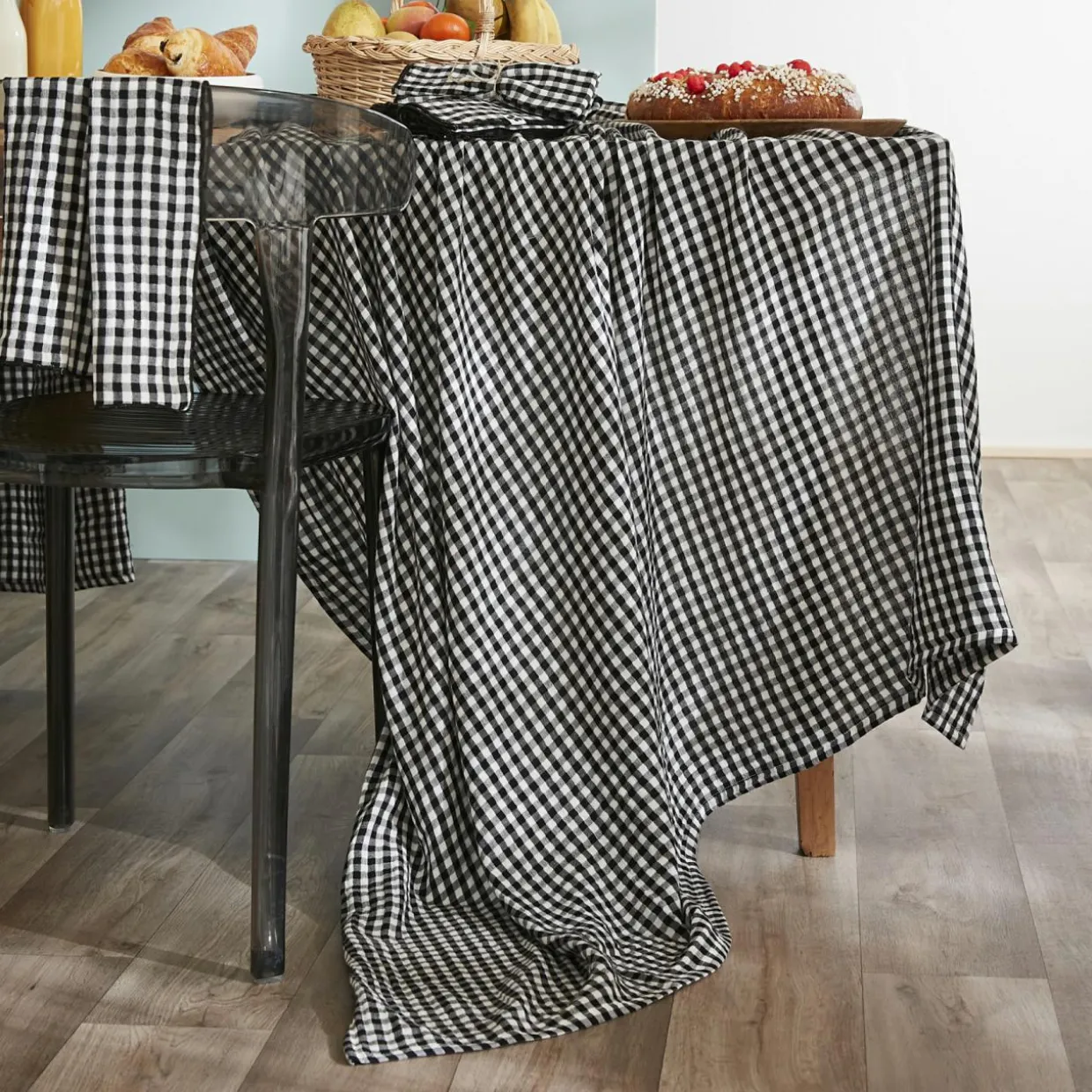 Nappe rectangulaire gaze de coton (150 x 350 cm) Gaïa vichy Noire