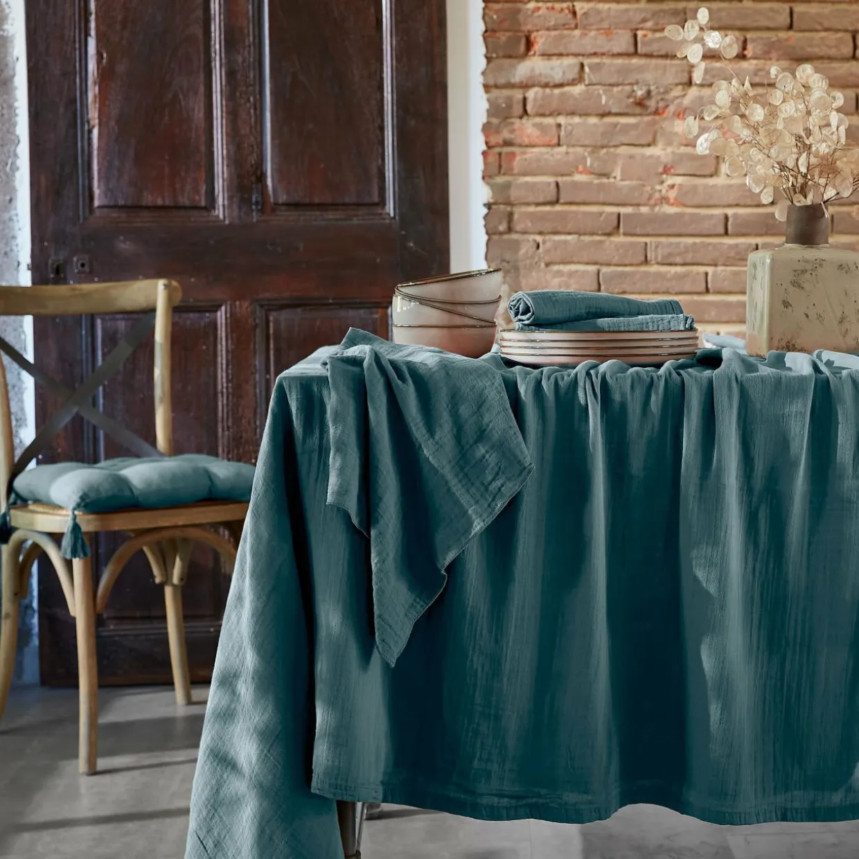 Nappe rectangulaire gaze de coton (150 x 250 cm) Gaïa Bleu canard