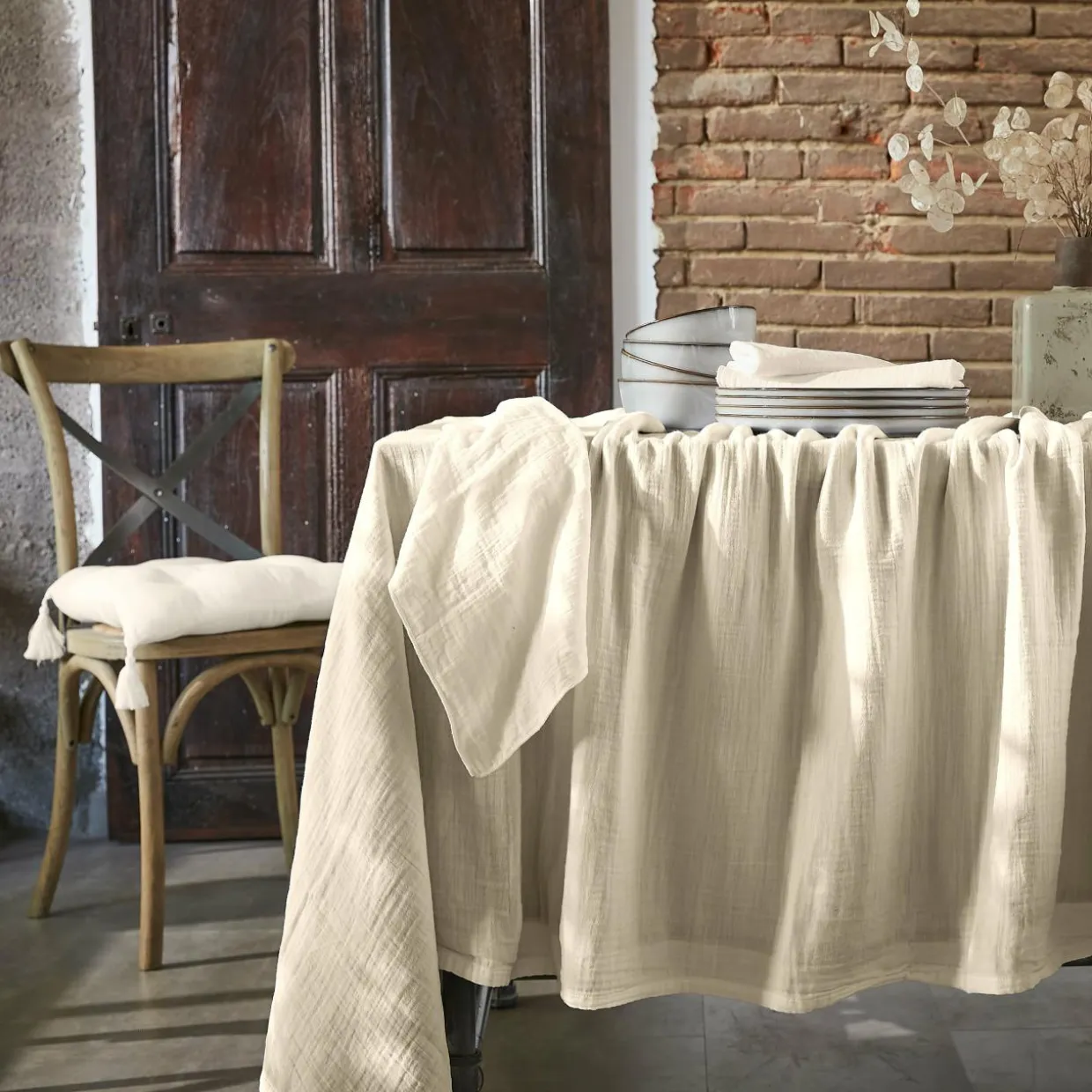 Nappe rectangulaire gaze de coton (150 x 350 cm) Gaïa Beige pampa